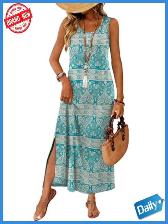 Dresses & Skirts - Sleeveless Maxi Dress with Pockets, Boho Summer Sundress, Loose Fit, Crew Neck,